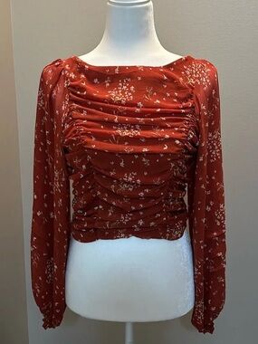Free People Rust Red Ruched Long-Sleeve Backless Floral Top
